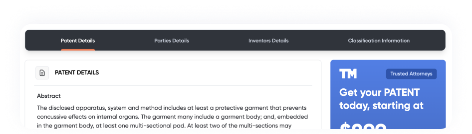 Patent details interface